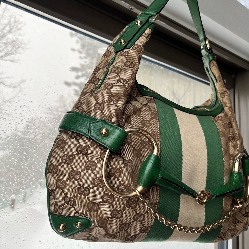 💚 Gucci: Horsebit Chain Studded Web Monogram Hobo Shoulder Bag - Picture 9 of 17